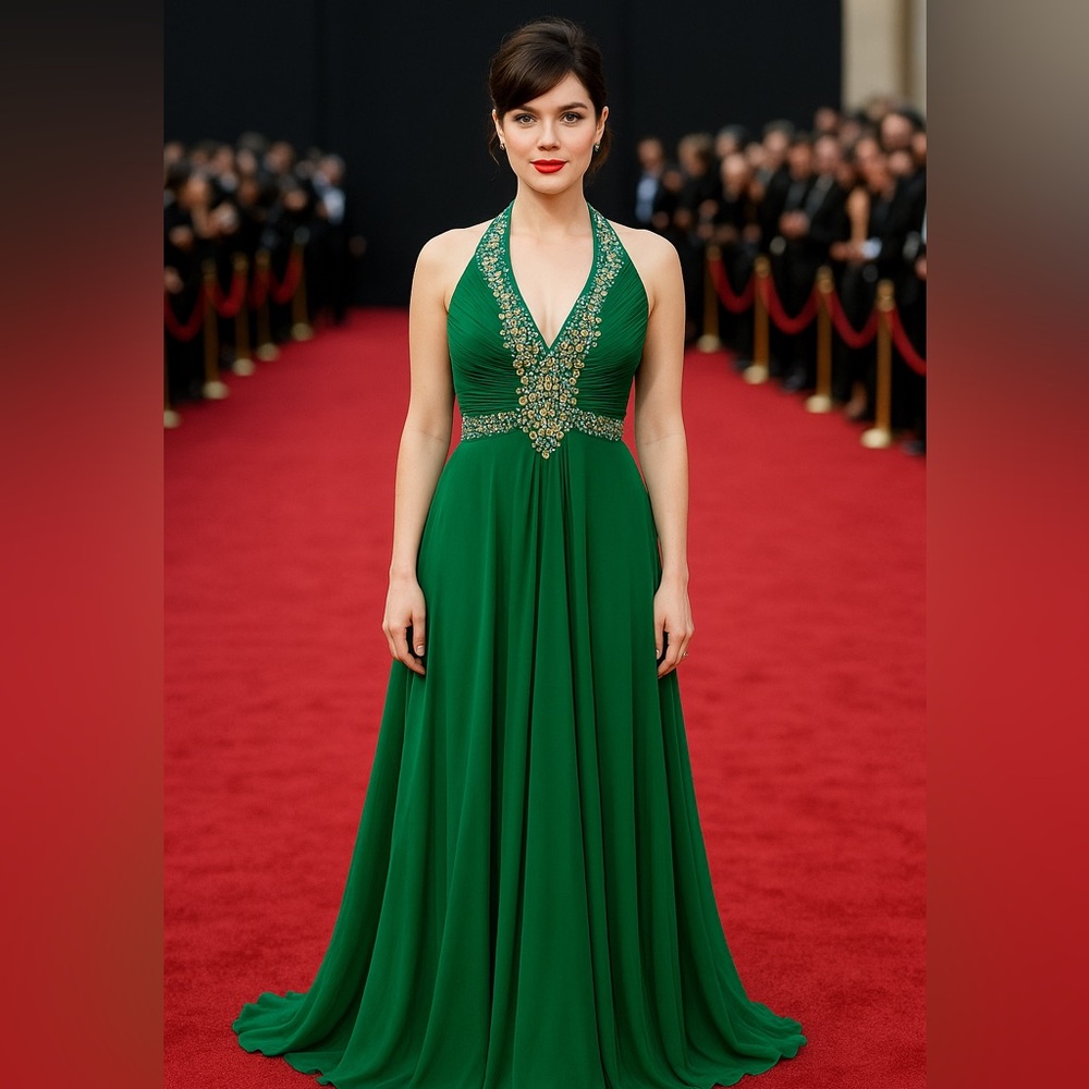VNTG Green Beaded Halter Long Formal Dress Romantic Fairy Feminine Whimsical 8‎